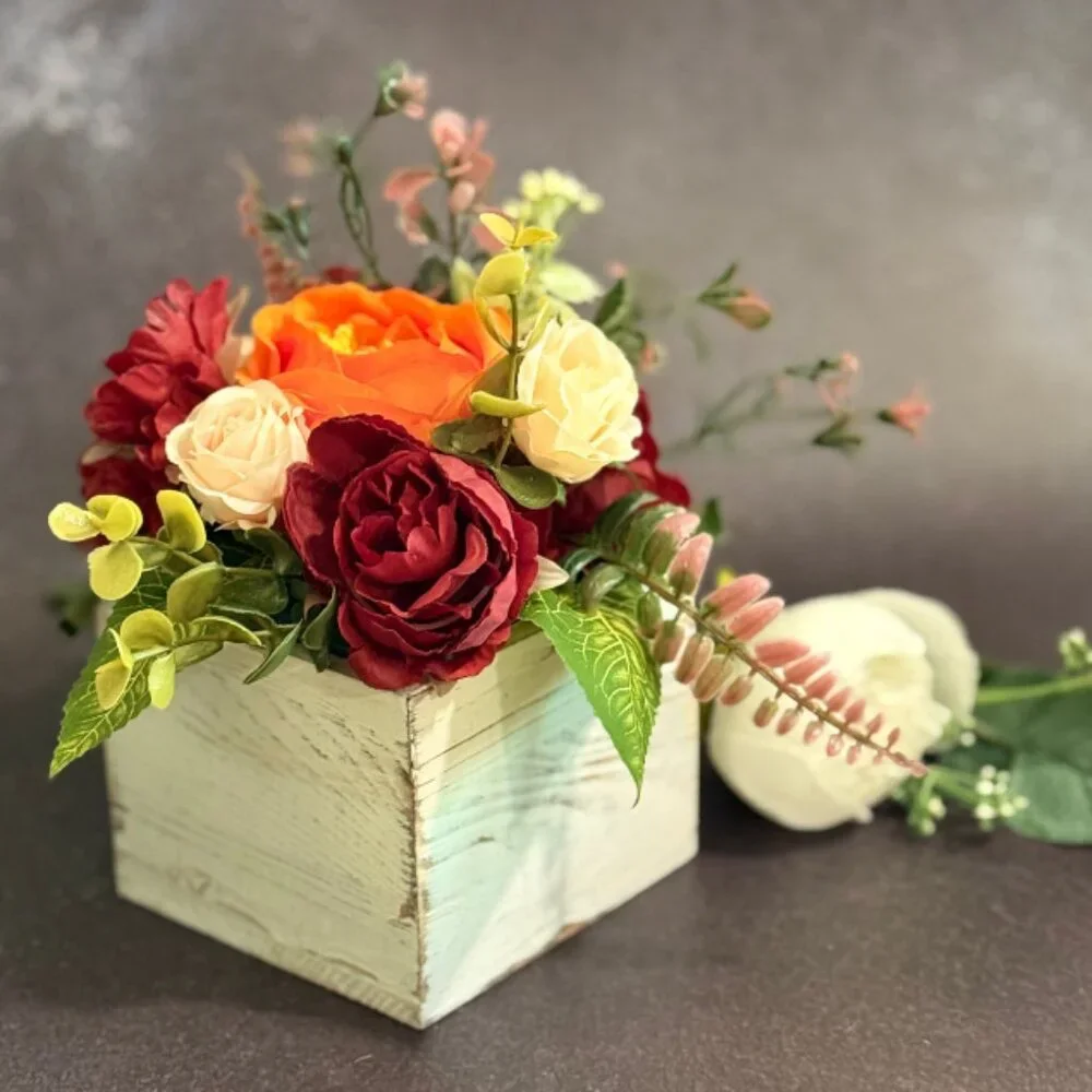 Fall Faux Floral Arrangement in Rustic Wooden Box – Home or Office Decor